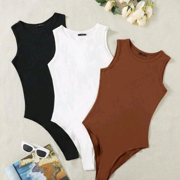 SHEIN Tops - SHEIN Bodysuits 3 Women Black White Brown pack Plus Size round neck sleeveless